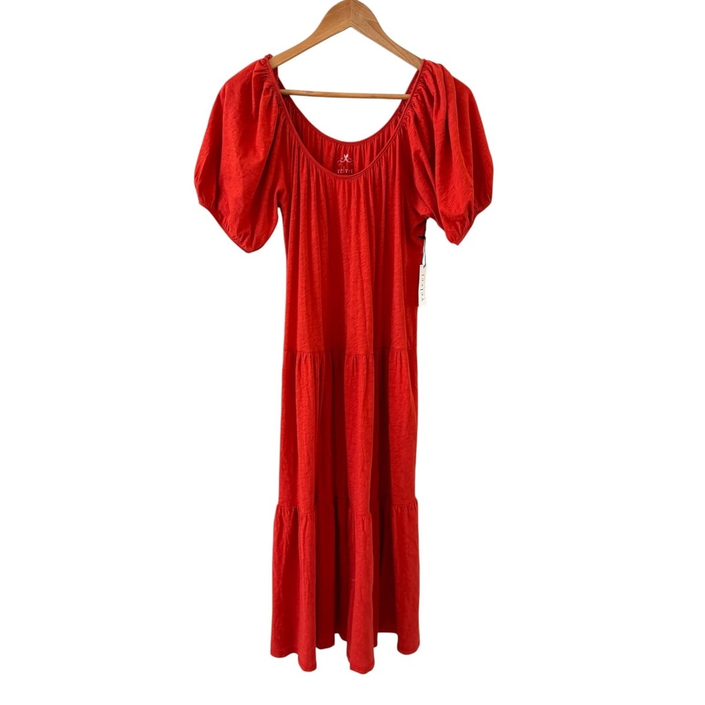 Velvet Graham & Spencer Puff Sleeve Midi Dress Womens XS Orange Tiered Boho NWT
